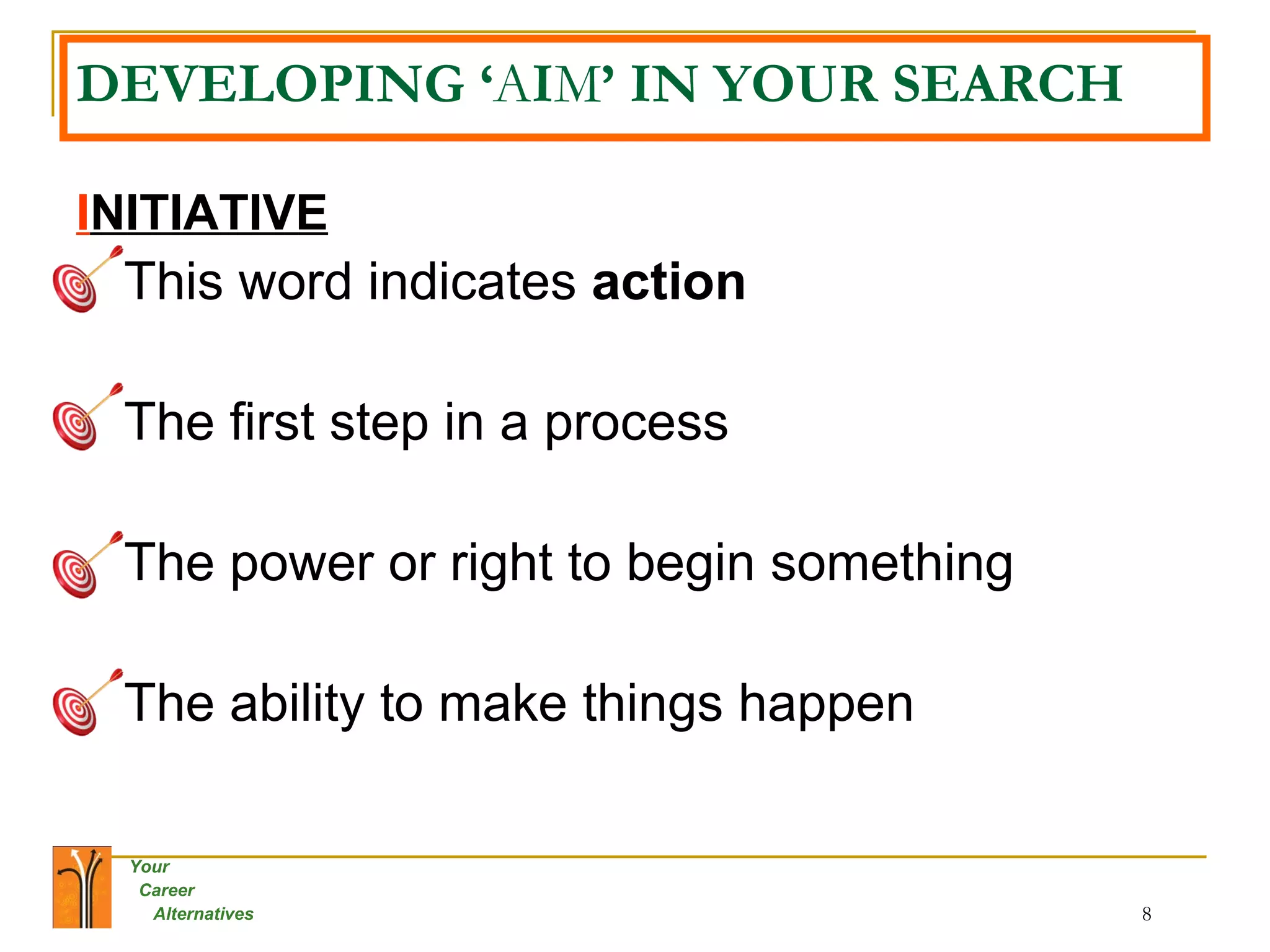 DEVELOPING ‘ A I M ’ IN YOUR SEARCH I NITIATIVE   This word indicates  action   The first step in a process  The power or right to begin something  The ability to make things happen  