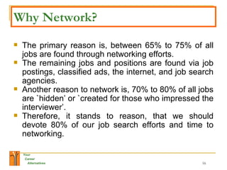 Why Network? The primary reason is, between 65% to 75% of all jobs are found through networking efforts.  The remaining jobs and positions are found via job postings, classified ads, the internet, and job search agencies.  Another reason to network is, 70% to 80% of all jobs are `hidden’ or `created for those who impressed the interviewer’.  Therefore, it stands to reason, that we should devote 80% of our job search efforts and time to networking. 