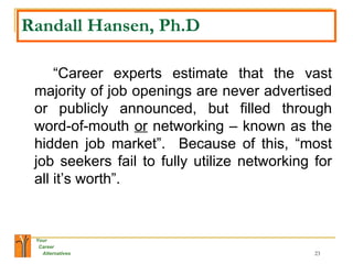 Randall Hansen, Ph.D “ Career experts estimate that the vast majority of job openings are never advertised or publicly announced, but filled through word-of-mouth  or  networking – known as the hidden job market”.  Because of this, “most job seekers fail to fully utilize networking for all it’s worth”. 