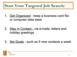 Start Your Targeted Job Search: 1. Get Organized  - keep a business card file or computer data base 2. Stay in Contact -  via e-mails, letters and holiday greetings 3. Set Goals  - such as 5 new contacts a week 