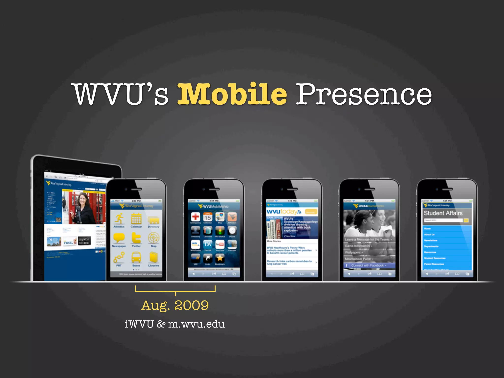 WVU’s Mobile Presence




     Aug. 2009
   iWVU & m.wvu.edu
 