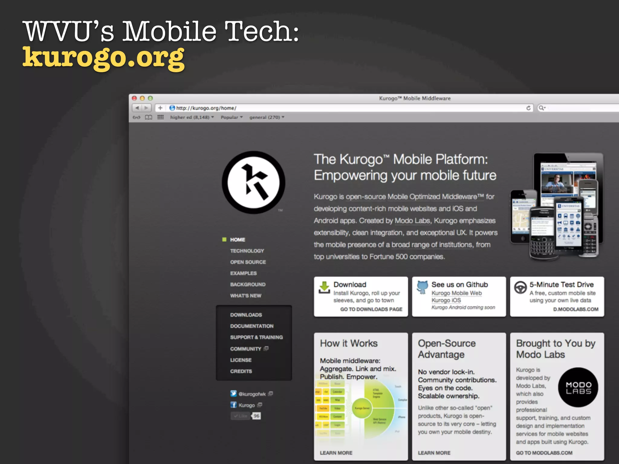 WVU’s Mobile Tech:
kurogo.org




                Kurogo
 