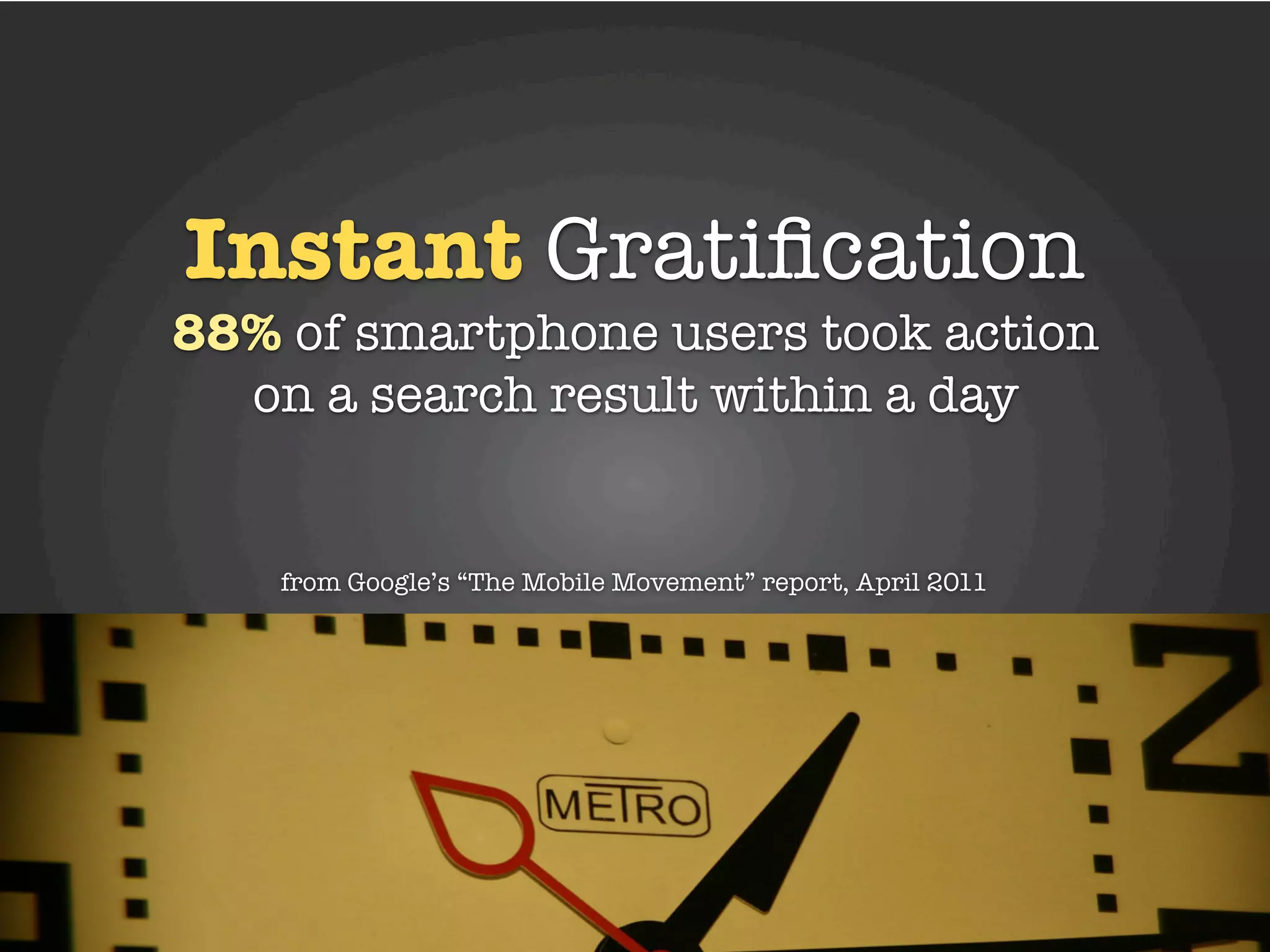 Instant Gratiﬁcation
88% of smartphone users took action
  on a search result within a day


    from Google’s “The Mobile Movement” report, April 2011
 