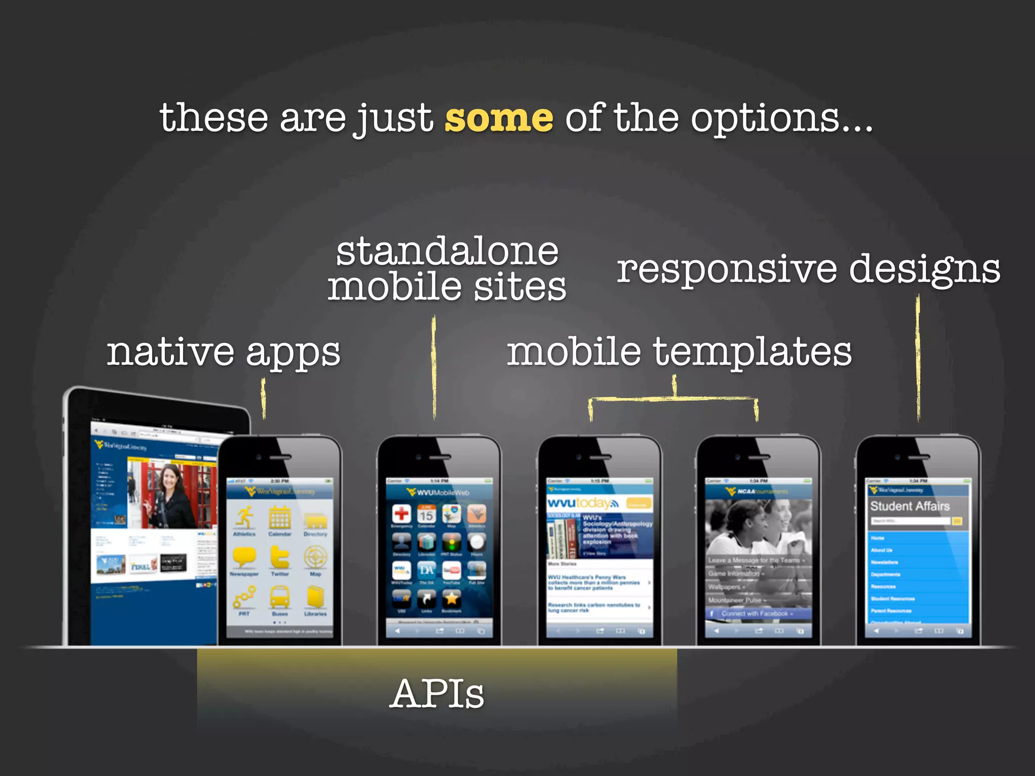 these are just some of the options...


          standalone      responsive designs
          mobile sites
native apps          mobile templates




              APIs
 