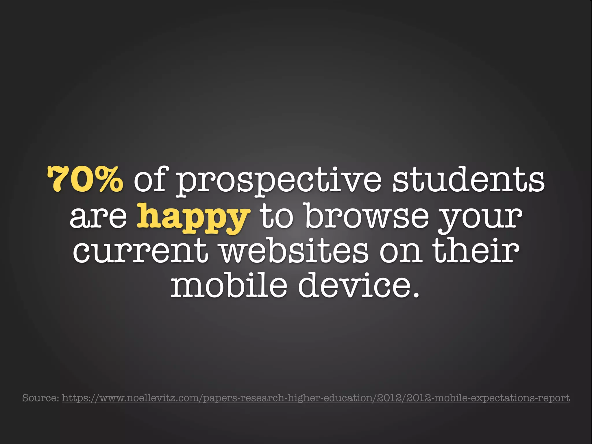 70% of prospective students
     are happy to browse your
                Text
     current websites on their
          mobile device.

Source: https://www.noellevitz.com/papers-research-higher-education/2012/2012-mobile-expectations-report
 