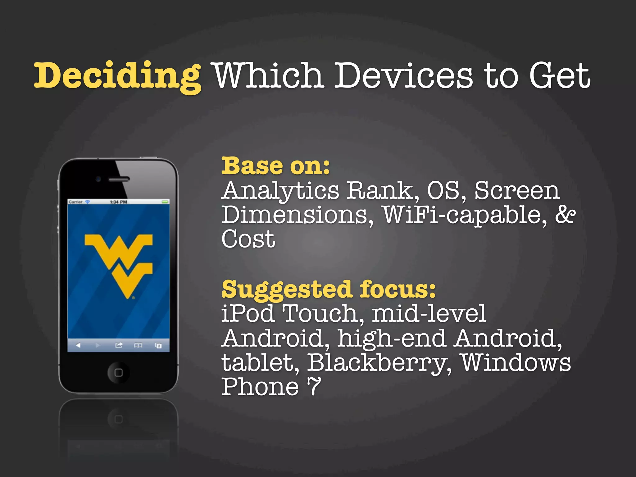Deciding Which Devices to Get

         Base on:
         Analytics Rank, OS, Screen
         Dimensions, WiFi-capable, &
         Cost
         Suggested focus:
         iPod Touch, mid-level
         Android, high-end Android,
         tablet, Blackberry, Windows
         Phone 7
 