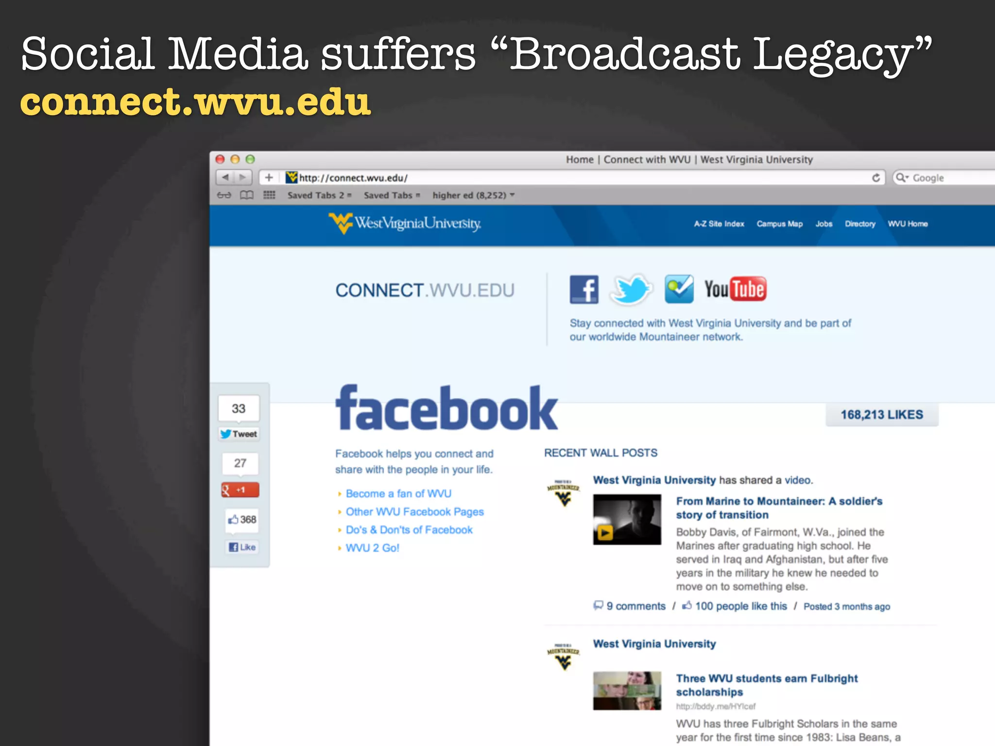 Social Media suffers “Broadcast Legacy”
connect.wvu.edu




                  Kurogo
 