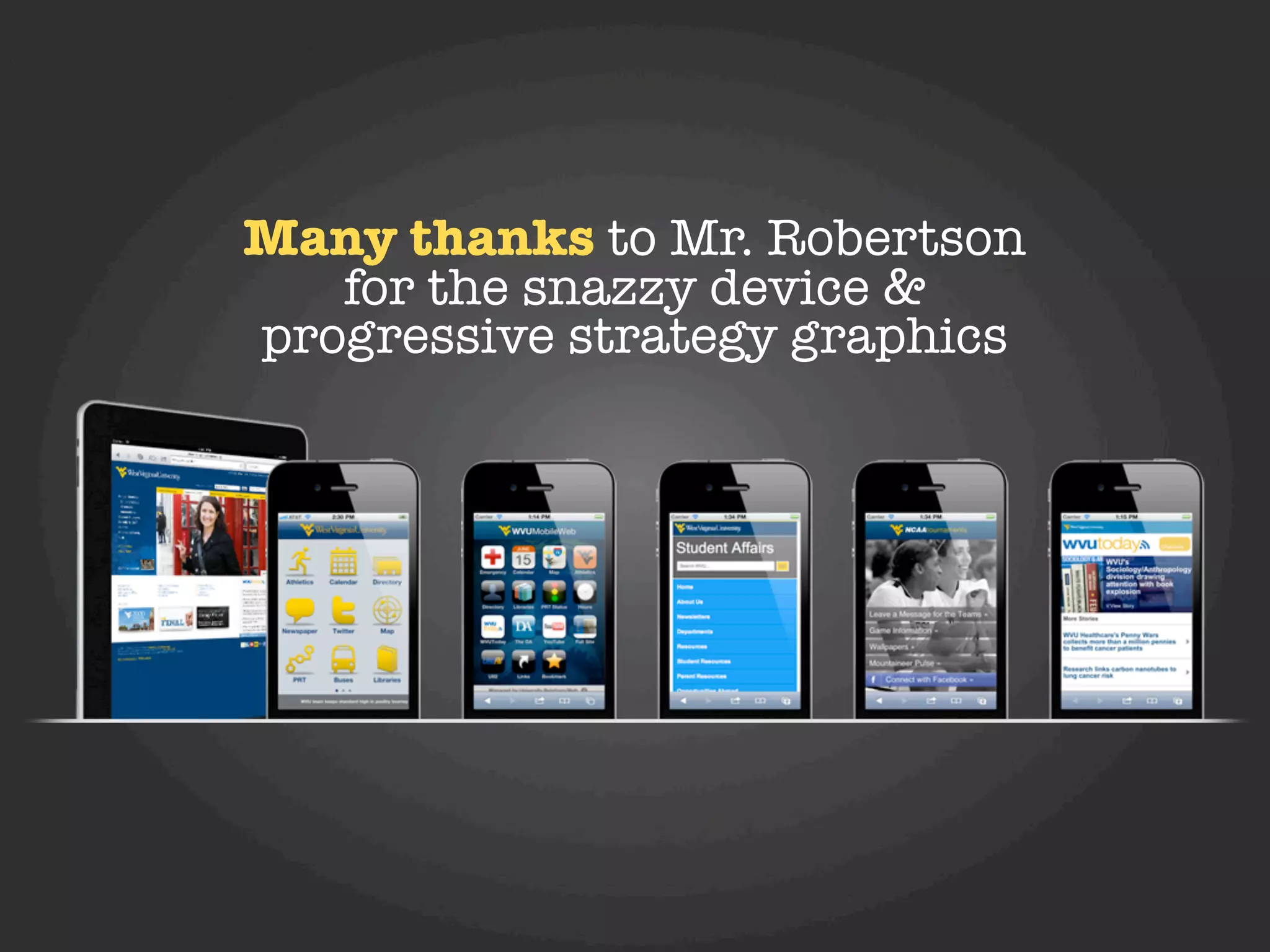 Many thanks to Mr. Robertson
   for the snazzy device &
progressive strategy graphics
 