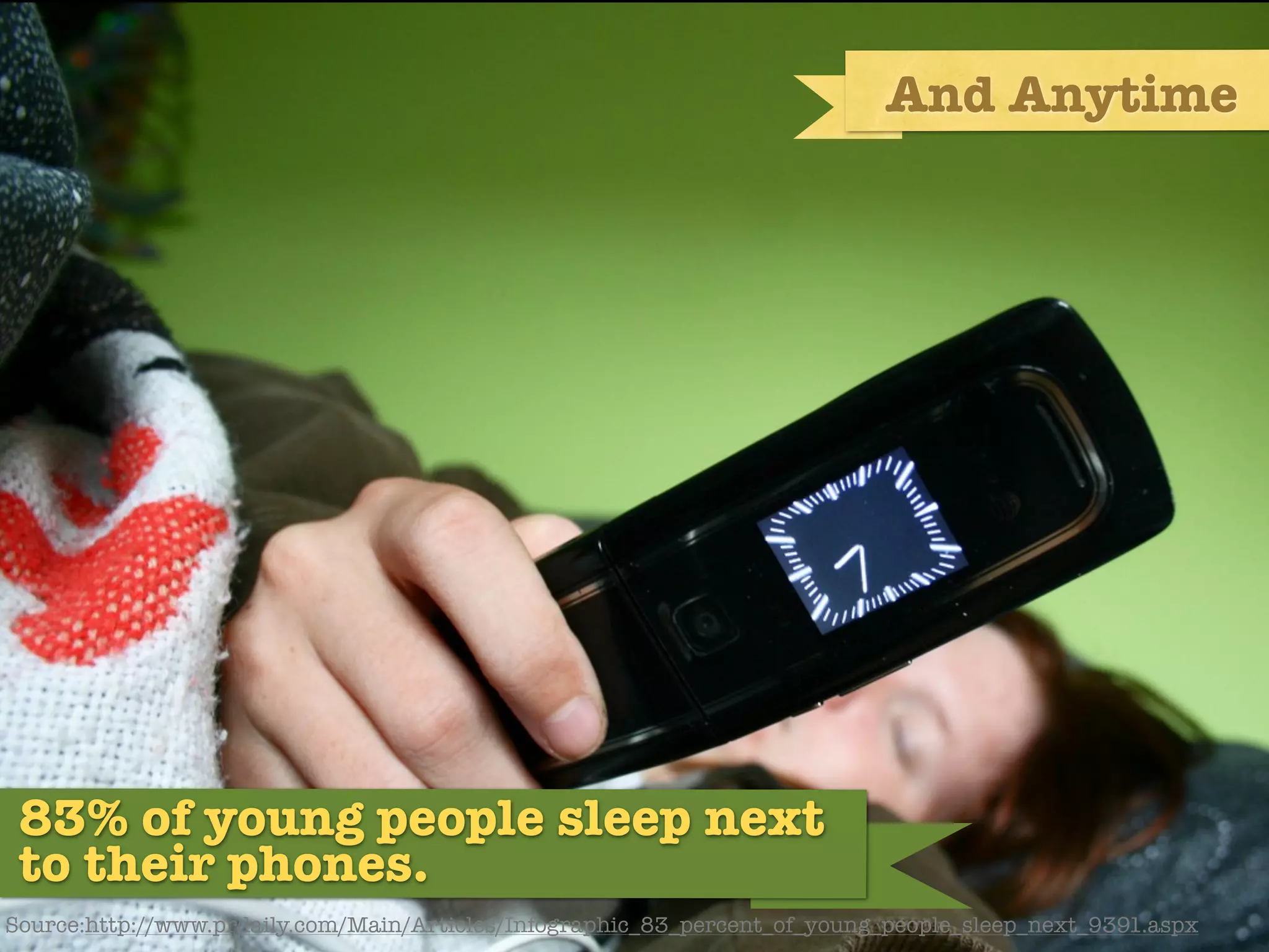 And Anytime




 83% of young people sleep next
 to their phones.
Source:http://www.prdaily.com/Main/Articles/Infographic_83_percent_of_young_people_sleep_next_9391.aspx
 