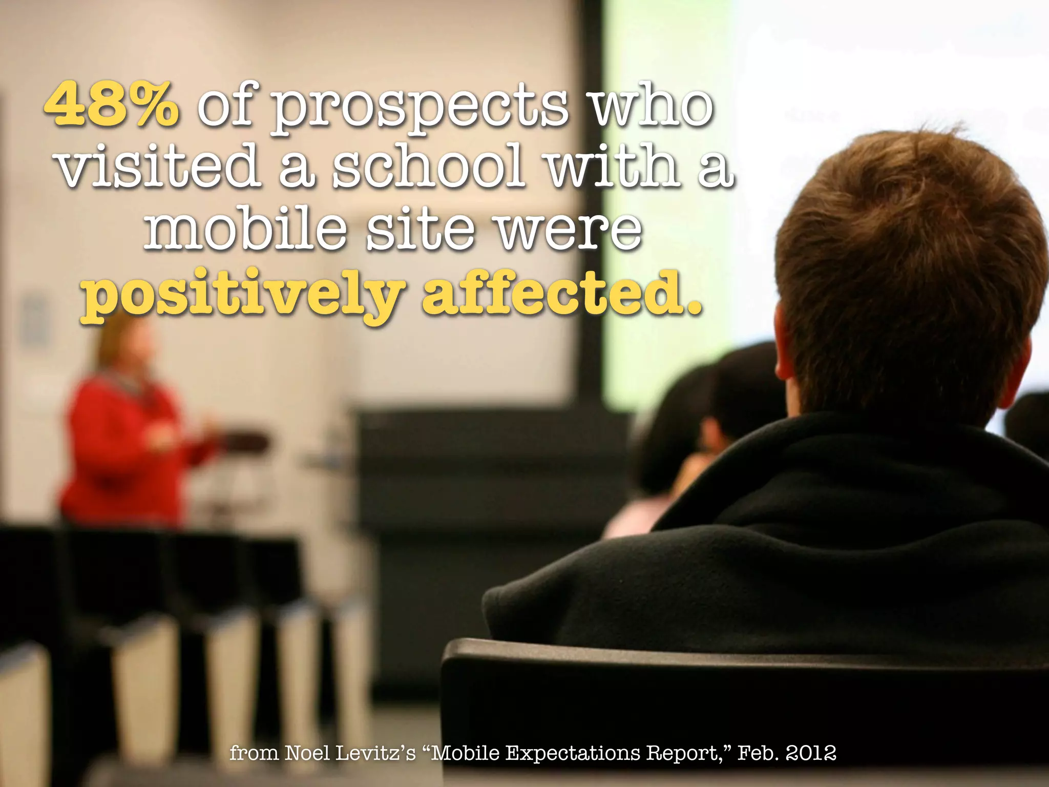 48% of prospects who
visited a school with a
   mobile site were
 positively affected.




      from Noel Levitz’s “Mobile Expectations Report,” Feb. 2012
 