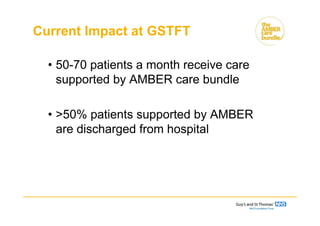 Current Impact at GSTFT
• 50-70 patients a month receive care
supported by AMBER care bundle
• >50% patients supported by AMBER
are discharged from hospital
 
