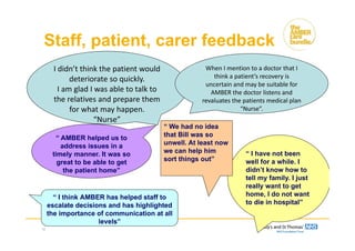 Staff, patient, carer feedback
18
I didn’t think the patient would 
deteriorate so quickly.
I am glad I was able to talk to 
the relatives and prepare them 
for what may happen.
“Nurse” 
When I mention to a doctor that I 
think a patient’s recovery is 
uncertain and may be suitable for 
AMBER the doctor listens and 
revaluates the patients medical plan
“Nurse”.
“ I think AMBER has helped staff to
escalate decisions and has highlighted
the importance of communication at all
levels”
“ AMBER helped us to
address issues in a
timely manner. It was so
great to be able to get
the patient home”
“ I have not been
well for a while. I
didn’t know how to
tell my family. I just
really want to get
home, I do not want
to die in hospital”
“ We had no idea
that Bill was so
unwell. At least now
we can help him
sort things out”
 