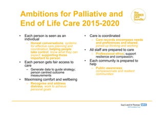 Ambitions for Palliative and
End of Life Care 2015-2020
• Each person is seen as an
individual
– Honest conversations; systems
for effective care planning and
coordination; helping people
take control; know what they can
expect; supporting those
important to person
• Each person gets fair access to
care
– Generate data to guide strategy;
person centred outcome
measurements
• Maximising comfort and wellbeing
– Recognise and address
distress; work to achieve
personal goals
• Care is coordinated
– Care records encompass needs
and preferences and shared;
joined up thinking and working
• All staff are prepared to care
– Professional ethos; support
resilience and compassion;
• Each community is prepared to
help
– Public awareness;
compassionate and resilient
communities
 