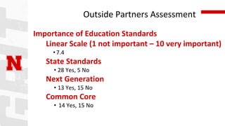 Outside Partners Assessment
Importance of Education Standards
Linear Scale (1 not important – 10 very important)
•7.4
Stat...