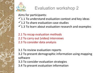 Evaluation workshop 2
Aims for participants:
1.1 To understand evaluation context and key ideas
1.2 To share evaluation case studies
1.3 To learn about evaluation research and examples
2.1 To recap evaluation methods
2.2 To carry out (video) interviews
2.3 To consider data analysis
3.1 To review evaluation reports
3.2 To present demographic information using mapping
software
3.3 To consider evaluation strategies
3.4 To present evaluation information
 