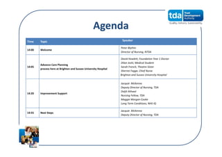 Agenda
Time Topic Speaker
14:00 Welcome 
Peter Blythin
Director of Nursing, NTDA
14:05
Advance Care Planning
process here at Brighton and Sussex University Hospital
David Howlett, Foundation Year 1 Doctor
Dilan Joshi, Medical Student
Sarah French, Theatre Sister
Sherree Fagge, Chief Nurse
Brighton and Sussex University Hospital
14:20 Improvement Support
Jacquie  McKenna
Deputy Director of Nursing, TDA
Daljit Athwal
Nursing Fellow, TDA
Maggie Morgan‐Cooke
Long Term Conditions, NHS IQ
14:55 Next Steps
Jacquie  McKenna
Deputy Director of Nursing, TDA
 