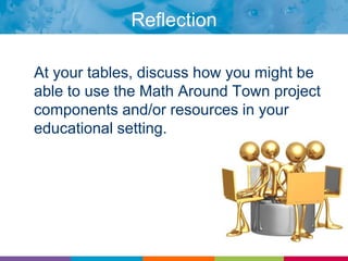 NETS*S 1. Creativity and Innovation	Students demonstrate creative thinking, construct knowledge and develop innovative products and processes using technology.Community ConnectionsDigital StorytellingiPods & iPadsTRC District:Buhler USD, Ph 7TRC Facilitator:Tammy GilleyTRC Teachers: Nancy Johnson, Tanya Ketchum, Tim Harris & Brenda DunningMath Around Town
