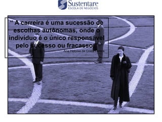 “ A carreira é uma sucessão de
  escolhas autônomas, onde o
indivíduo é o único responsável
   pelo sucesso ou fracasso.”
                 Ana Heloísa da Costa Lemos
 