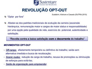 Scalabrin, Kishore e Casado (DUTRA,2010)
   “Optar por fora”

   Afastar-se dos padrões tradicionais de evolução da carreira (ascensão
   hierárquica, remuneração maior e cargos de maior status e responsabilidade)
   por uma opção pela qualidade de vida, exercício do potencial, autenticidade e
   satisfação.

     “Revolta contra a baixa satisfação com e decorrente do trabalho”

MOVIMENTOS OPT-OUT

- Off-ramps: afastamento temporário ou definitivo do trabalho; saída sem
 alternativa imediata e busca de recolocação;
- Scenic routes: redução da carga de trabalho, recusa de promoções ou diminuição
 de esforços para evitá-las;
- Saída da organização para empreender.
 