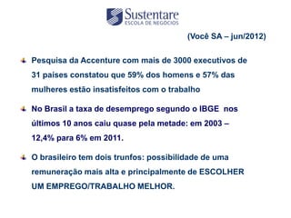 (Você SA – jun/2012)

Pesquisa da Accenture com mais de 3000 executivos de
31 países constatou que 59% dos homens e 57% das
mulheres estão insatisfeitos com o trabalho

No Brasil a taxa de desemprego segundo o IBGE nos
últimos 10 anos caiu quase pela metade: em 2003 –
12,4% para 6% em 2011.

O brasileiro tem dois trunfos: possibilidade de uma
remuneração mais alta e principalmente de ESCOLHER
UM EMPREGO/TRABALHO MELHOR.
 