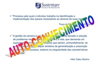  “Processo pelo qual o indivíduo trabalha na identificação e
   implementação dos passos necessários ao alcance de suas metas”.

                                            Thays de Rezende N. Bernardes




 “A gestão da carreira é um processo de tomada de decisão e solução
   de problemas relacionados ao trabalho e a vida, que demanda um
   suprimento contínuo de informações que advém, primordialmente, do
   auto-conhecimento.Qualquer tentativa de generalização e prescrição
   de fórmulas de sucesso, esbarra na singularidade das características
   individuais”.

                                                       Hélio Tadeu Martins
 