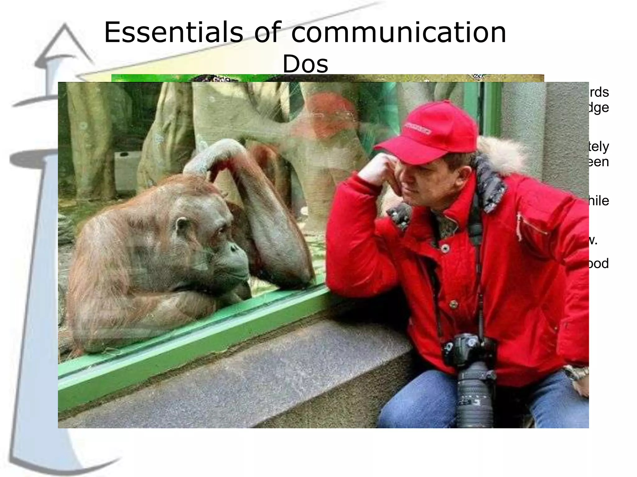 1. Always think ahead about what you are going to say. Use simple words
and phrases that are understood by every body. Increase your knowledge
on all subjects you are required to speak. Speak clearly and audibly.
2. Check twice with the listener whether you have been understood accurately
or not In case of an interruption, always do a little recap of what has been
already said.
3. Always pay undivided attention to the speaker while listening. While
listening, always make notes of important points.
4. Always ask for clarification if you have failed to grasp other’s point of view.
5. Repeat what the speaker has said to check whether you have understood
accurately.
Essentials of communication
Dos
 