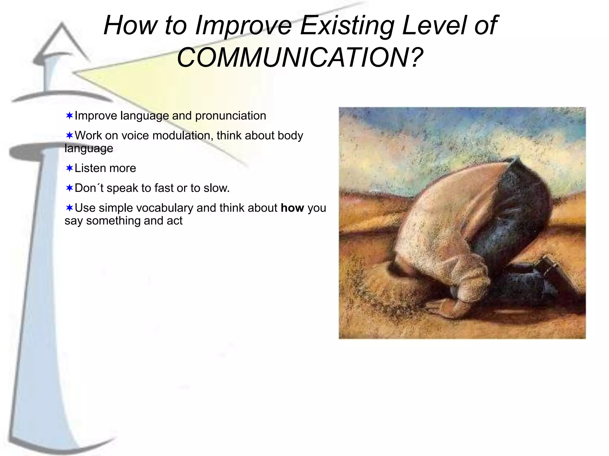 How to Improve Existing Level of
COMMUNICATION?
Improve language and pronunciation
Work on voice modulation, think about body
language
Listen more
Don´t speak to fast or to slow.
Use simple vocabulary and think about how you
say something and act
 
