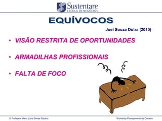 Joel Souza Dutra (2010)

• VISÃO RESTRITA DE OPORTUNIDADES
• ARMADILHAS PROFISSIONAIS
• FALTA DE FOCO

© Professor Maria Lucia Simas Paulino

Workshop Planejamento de Carreira

 