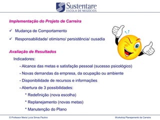 Implementação do Projeto de Carreira
 Mudança de Comportamento
 Responsabilidade/ otimismo/ persistência/ ousadia

Avaliação de Resultados
Indicadores:
- Alcance das metas e satisfação pessoal (sucesso psicológico)
- Novas demandas da empresa, da ocupação ou ambiente

- Disponibilidade de recursos e informações
- Abertura de 3 possibilidades:
* Redefinição (nova escolha)
* Replanejamento (novas metas)

* Manutenção do Plano
© Professor Maria Lucia Simas Paulino

Workshop Planejamento de Carreira

 