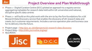 Project Overview and Plan Walkthrough
5
» Phase 1 – Digital Curation Centre (DCC) piloted an approach to a registry service
aggregating metadata for research data held within UK universities and national,
discipline specific data centres
» Phase 2 – will build on this pilot work with the aim to lay the firm foundations for a UK
Research Data Discovery service that enables the discovery of UK research data and
meets Jisc’s customer requirements. Includes a service operation plan and business case
for its delivery into the future.
» Project page – http://jisc.ac.uk/rd/projects/uk-research-data-discovery
» Project blog – http://rdds.jiscinvolve.org/wp/
» #jiscRDDS
 