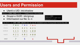 Perché sono cosi forti:Users and Permission
● Utenti e UID: /etc/shadow
● Gruppi e GUID: /etc/group
● Informazioni sui file: ls -n
 