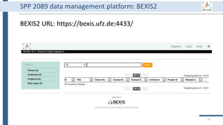BEXIS2 URL: https://bexis.ufz.de:4433/
33
SPP 2089 data management platform: BEXIS2
 
