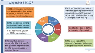 Generate
Store
Use
Share
Archive
Destroy
34
BEXIS2 administrator can remove
incorrect or useless data forever.
Of course, it requires special
permission from the data owner.
BEXIS2 is a free and open source
software supporting researchers in
managing their data throughout
the data life cycle from data storing
to sharing research data [4].
BEXIS2 keeps track of the
evolution of a dataset and returns
to any previous version if needed.
Start to store data in BEXIS2
at this point of your work.
Data security is a major
concern for BEXIS2. It specify
fine grained data permissions
on who can view, access, or
update a dataset.
Why using BEXIS2?
BEXIS2 can be used for long-
term data archiving even as
the publication requirement.
In the near future, you can
get DOI for each dataset.
 