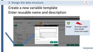 Create a new variable template
Enter reusable name and description
53
3. Design the data structure
Weight Mucilage weight
Root weight
Dried root weight
 