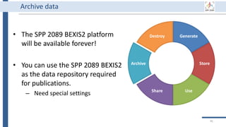 Generate
Store
Use
Share
Archive
Destroy
• The SPP 2089 BEXIS2 platform
will be available forever!
• You can use the SPP 2089 BEXIS2
as the data repository required
for publications.
– Need special settings
95
Archive data
 