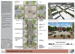 PROMENADE ACTION PLAN
P R O M E N A D E
The central core of downtown Redding
will put the priority on business access
and pedestrian safety for a great
downtown environment. The existing 80’
ROW along a porion of Market Street
(needs to be acquired) though the
mall allows generous sidewalk widths
to promote a mix of uses and a high
level of pedestrian amenities to promote
high levels of activity throughout the
day. Opening the streets through the
mall will allow for increased visibility
and access to businesses for economic
development.
DESIGN CONSIDERATIONS
•	High levels of pedestrian activity
should yield priority to the pedestrian,
not the vehicle.
•	Sidewalks as plazas are part of the
public realm.
•	Access and visibility to businesses.
•	High turnover for parking spaces
along street to promote business
turnover.
•	Minimal drive access points on
sidewalk – promote alley access in
rear of building.
BIRDS EYE VIEW OF THE SITE
VIEW A: INTERSECTION ENLARGEMENT FROM SOUTH WEST CORNER
RAISED INTERSECTION CROSS-SECTION
1
2
3
4
5
PROMENADE
TYPICAL SITE
PLAN
STREETSCAPE KEYMAP
5 10 20
M
ARKET
STREET
YUBA STREET
BUTTE STREET
TEHAMA STREET
PINE STREET
CALIFORNIASTREET
N
O
RTH
BUTTE STREET
MARKETSTREET
RESTAURANTS
AND
RETAIL
PARKLET
POTENTIAL
RAIN GARDENS
CROSSWALK AND INTERSECTION
RAISED TO SIDEWALK GRADE
ORIGINAL GRADE OF STREET
PLANTED OR
SCULPTURAL
BOLLARDS
SPECIALTY PAVING
PATTERN
SEAT WALL OR BENCH
MID-BLOCK
PLAZA WITH
SCULPTURAL
SEATING, FOUNTAIN
AND OVERHEAD
LIGHTING
CAFE SEATING
STREET PARK
BIKE RACKS
RAISED
PEDESTRIAN
TABLE
INTERSECTION
RESTAURANTS
AND
RETAIL
RETAIL
MID-BLOCK
CROSSING
A
5
 