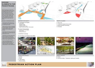 HUMAN COMFORT
INTERSECTION SAFETY
A.	Crosswalks and Signals
•	High Visibility
•	Specialty Paving
•	Pedestrian Tables
•	Flashing Lights for Peds
•	Signal timing (Head Starts, Ped Activated)
B.	Corner Enhancements
•	Bulb outs and corner islands
•	Narrow Radii
•	Paving and Bollards
C.	Mid-Block Crossings
D.	Curb Ramps and Raised Cross Walks
TRAFFIC CALMING
E.	Bulb Outs
F.	Limited and signed drive access
G.	Street pavement narrowing
H.	Chicanes
PEDESTRIAN ACTION PLAN
DESIGN
ELEMENTS FOR
PEDESTRIANS
Vibrant downtowns are places that
accommodate different types of users
and different times of day. Streets
are the visible places of the city
that not only allow for cars to pass
through, but provide a place to shop,
dine, play and meet. Streets must
be safe, sustainable, multi-modal
and economically viable as well as
accommodate through-traffic and
parking.
DESIGN CONSIDERATIONS
•	Well designed streets attract more
businesses which creates the street
as a great public space.
•	Streets need to be safe and designed
to accommodate a variety of activities
including walking, biking, sitting,
parking, driving, shopping and
working.
•	Streetscapes will evolve over time are
design features are implemented and
businesses turnover.
•	Intersections are shared spaces that
need to be safe for all users and
should consider size and spacing,
signal timing and designate perceived
zones for cars, bikes and peds.
Park Once Strategies encourage
walking through the strategic
placement of parking so that most
visitors are within a comfortable
walking distance of their destinations.
PEDESTRIAN SPACES
I. Parklets
J. Plazas
K. Café Seating
L. Shared streets
image from nacto.org
M. Shade
N. Perceived Safety - Pedestrian Lighting and Visibility
1
A
B
I
K
J M
M N
L
C
E
F
G
H
D
2
3
4
5
7
 