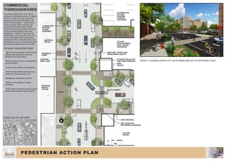 VIEW A: LOOKING NORTH AT CALIFORNIA AND BUTTE INTERSECTION
PEDESTRIAN ACTION PLAN
STREETSCAPE KEYMAP
COMMERCIAL
THOROUGHFARES
Commercial streets that move higher
volumes of traffic across town in a variety
of travel modes (cars, bus, bikes and
walking) should be comfortable for all
forms of transportation. These streets
have successful retail, business and
residential potential but also include
increased drive access points and more
conflict potential between bikes and
pedestrians. California, Pine and East
Street feature one way traffic with a mix
of uses and higher traffic speeds that
would benefit from enhancements in the
pedestrian zone and streetscape element
that promote safety at points of conflict.
DESIGN CONSIDERATIONS
•	High levels of pedestrian activity should
address safe pedestrian zone and
facilitate safe intersections.
•	Balance parking access and pedestrian
zone amenities.
•	Access to and visibility to businesses.
•	Buffer Existing Parallel parking along
roadway to the pedestrian zone.
•	Signage and wayfinding locations.
•	Patterns and repetition of design
elements.
•	Traffic Calming elements along one-way
streets with potentially higher speeds.
1
2
3
4
5
6
7
5 10 20
FUTURE
DEVELOPMENT
WITH RETAIL
FRONTAGE
ALTERNATIVE
FUTURE
PARKING
GARAGE
LOCATION
BIKE
RACKS
PLANTED BULB OUT
AND RAIN GARDENS
EXISTING
BIKE LANE
SIDEWALK
PARK
PLAZA
BENCHES, TRASH AND
PEDESTRIAN LIGHTS
LANDSCAPE
BUFFER
ALONG
ROADWAY
FUTURE
RETAIL
CAFE SEATING
ART, KIOSK OR
WAYFINDING SIGNAGE
HIGH VISIBILITY
CROSSWALKS
BUTTE STREET
EXISTING
RETAIL
EXISTING
RETAIL/
OFFICE
CALIFORNIASTREET
A
9
 