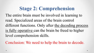Stage 2: Comprehension
The entire brain must be involved in learning to
read. Specialized areas of the brain control
different functions. Only after the decoding process
is fully operative can the brain be freed to higher
level comprehension skills.
Conclusion: We need to help the brain to decode.
 