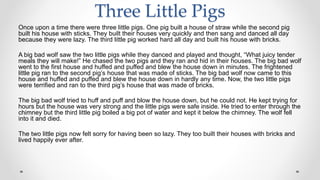 Three Little Pigs
Once upon a time there were three little pigs. One pig built a house of straw while the second pig
built his house with sticks. They built their houses very quickly and then sang and danced all day
because they were lazy. The third little pig worked hard all day and built his house with bricks.
A big bad wolf saw the two little pigs while they danced and played and thought, “What juicy tender
meals they will make!” He chased the two pigs and they ran and hid in their houses. The big bad wolf
went to the first house and huffed and puffed and blew the house down in minutes. The frightened
little pig ran to the second pig’s house that was made of sticks. The big bad wolf now came to this
house and huffed and puffed and blew the house down in hardly any time. Now, the two little pigs
were terrified and ran to the third pig’s house that was made of bricks.
The big bad wolf tried to huff and puff and blow the house down, but he could not. He kept trying for
hours but the house was very strong and the little pigs were safe inside. He tried to enter through the
chimney but the third little pig boiled a big pot of water and kept it below the chimney. The wolf fell
into it and died.
The two little pigs now felt sorry for having been so lazy. They too built their houses with bricks and
lived happily ever after.
 