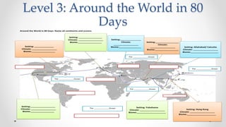 Level 3: Around the World in 80
DaysAround the World in 80 Days: Name all continents and oceans.
Setting: _________________
Climate: __________________
Biome:_________________
Setting:_______________
Climate:
__________________
Biome:________________
Setting:_________________
Climate:
__________________
Biome:_________________
Setting: Allahabad/ Calcutta
Climate: __________________
Biome:____________________
Setting: Hong Kong
Climate: __________________
Biome:_____________________
Setting: ______________
Climate: __________________
Biome:_________________
Setting: Yokohama
Climate: __________________
Biome:_____________________
Setting:__________________
Climate: __________________
Biome:_________________
The ____________Ocean
The ____________Ocean
The ____________Ocean
The ____________Ocean
The ____________Ocean
 