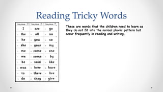 Reading Tricky Words
These are words that the children need to learn as
they do not fit into the normal phonic pattern but
occur frequently in reading and writing.
 