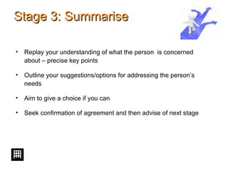 Stage 3: SummariseStage 3: Summarise
• Replay your understanding of what the person is concerned
about – precise key points
• Outline your suggestions/options for addressing the person’s
needs
• Aim to give a choice if you can
• Seek confirmation of agreement and then advise of next stage
 