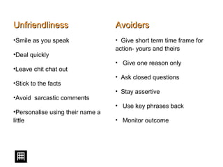 UnfriendlinessUnfriendliness
•Smile as you speak
•Deal quickly
•Leave chit chat out
•Stick to the facts
•Avoid sarcastic comments
•Personalise using their name a
little
AvoidersAvoiders
• Give short term time frame for
action- yours and theirs
• Give one reason only
• Ask closed questions
• Stay assertive
• Use key phrases back
• Monitor outcome
 
