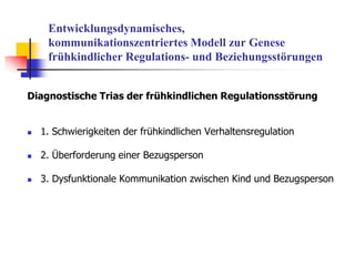 Entwicklungsdynamisches,
kommunikationszentriertes Modell zur Genese
frühkindlicher Regulations- und Beziehungsstörungen
Diagnostische Trias der frühkindlichen Regulationsstörung
 1. Schwierigkeiten der frühkindlichen Verhaltensregulation
 2. Überforderung einer Bezugsperson
 3. Dysfunktionale Kommunikation zwischen Kind und Bezugsperson
 