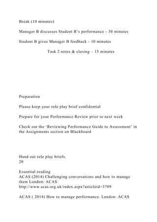 Break (10 minutes)
Manager B discusses Student B’s performance - 30 minutes
Student B gives Manager B feedback - 10 minutes
Task 2 notes & closing – 15 minutes
Preparation
Please keep your role play brief confidential
Prepare for your Performance Review prior to next week
Check out the ‘Reviewing Performance Guide to Assessment’ in
the Assignments section on Blackboard
Hand out role play briefs.
20
Essential reading
ACAS (2014) Challenging conversations and how to manage
them London: ACAS
http://www.acas.org.uk/index.aspx?articleid=3799
ACAS ( 2014) How to manage performance. London: ACAS
 