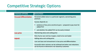 Competitive Strategic Options
STRATEGIC OPTIONS NEEDS/RISKS
Focused differentiation Perceived added value to a particular segment, warranting price
premium
Success depends on:
 existence of less price sensitive buyers – prepared to pay more for
added PUV
 and whether the added PUV can be easily imitated
Low price Maintaining value and cutting price
Risk of price war and low margins; need to be cost leader
Hybrid Adding value and cutting price.
Low cost base and reinvestment in low price and differentiation.
Successful when volumes can be achieved and when cost reductions
can be found on dimensions not valued by customers
 