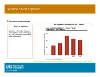 Evidence based approach


 Offer help to quit tobacco use
                                      It is a powerful and effective tool - it works
         Why it is important


    When informed of the risks,
   most tobacco users want to quit,
   but few get support to overcome
   their dependence.
 