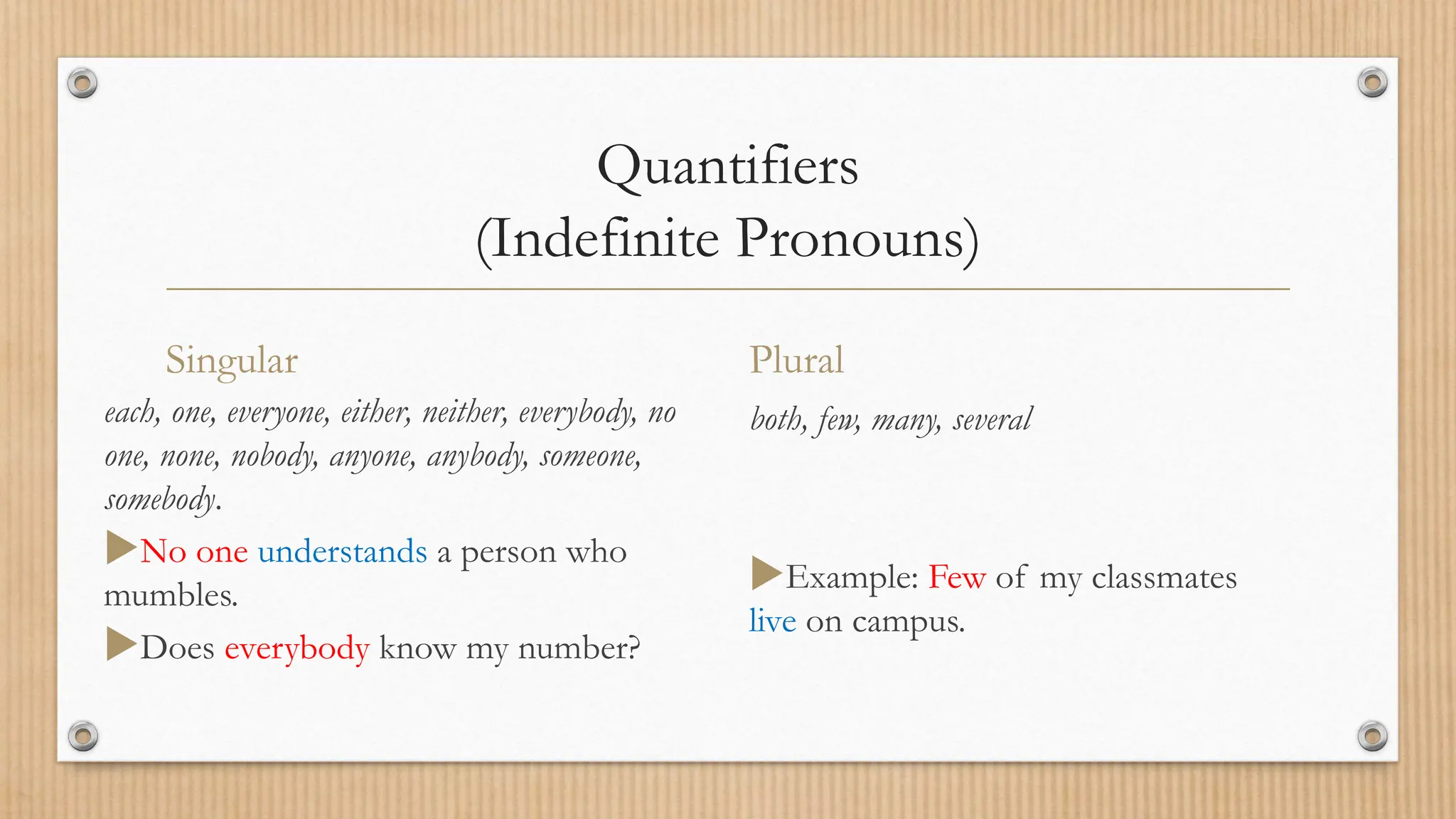 Quantifiers
(Indefinite Pronouns)
Singular
each, one, everyone, either, neither, everybody, no
one, none, nobody, anyone, anybody, someone,
somebody.
No one understands a person who
mumbles.
Does everybody know my number?
Plural
both, few, many, several
Example: Few of my classmates
live on campus.
 