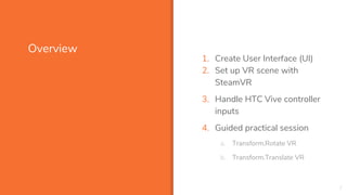 Overview
1. Create User Interface (UI)
2. Set up VR scene with
SteamVR
3. Handle HTC Vive controller
inputs
4. Guided practical session
a. Transform.Rotate VR
b. Transform.Translate VR
2
 
